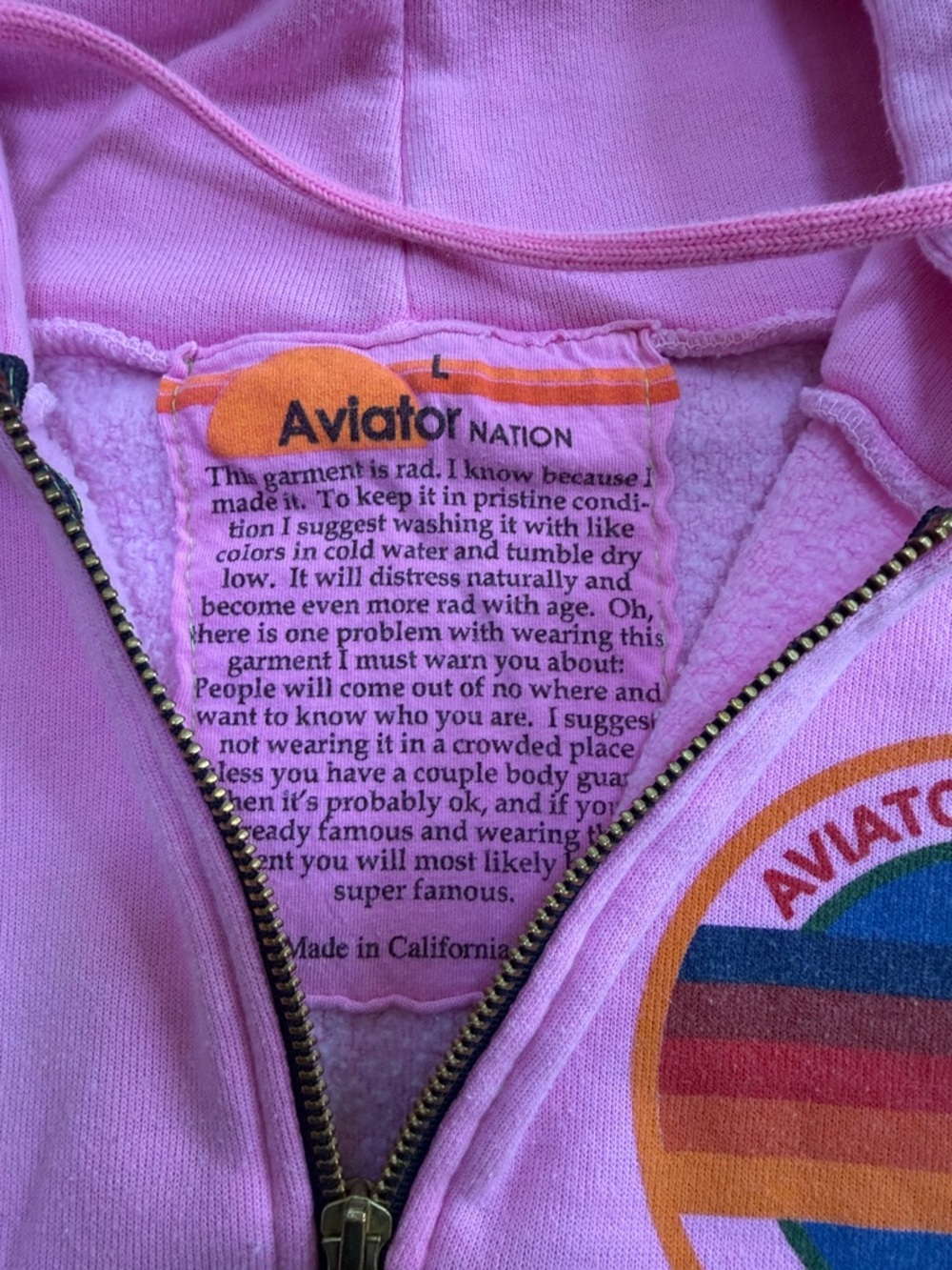 Aviator Nation  neon Pink Zip unisex Hoodie with Rainbow print  in large . - Picture 2 of 12